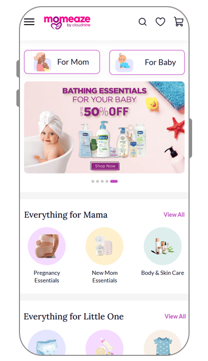 Momeaze online storefront powered by MystoreNEXT showcasing curated essentials for moms and babies.